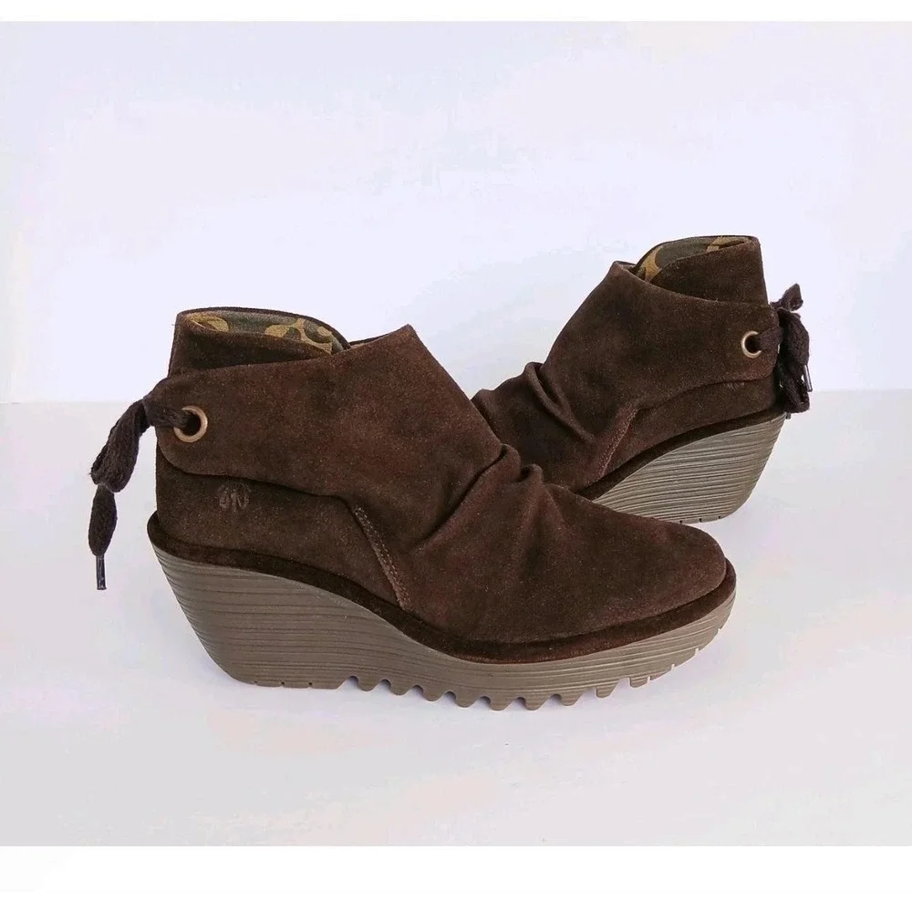 FLY‎ LONDON Womens Brown Suede Ruched Wedge Ankle Boots EU 35 US 5 4.5
